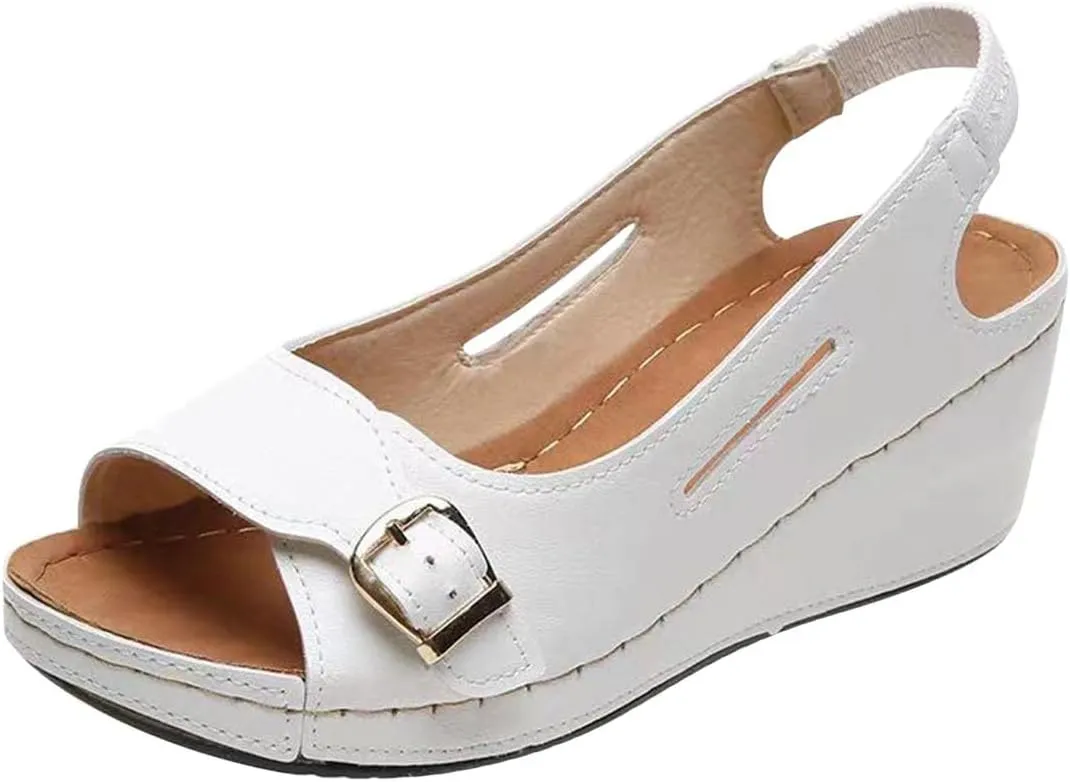 Summer Wedge Sandals for Women,Fashion Casual Fish Mouth Open Toe Buckle Hollow Roman Sandals Solid Comfortable Outdoor Ladies Shoes Sandalias