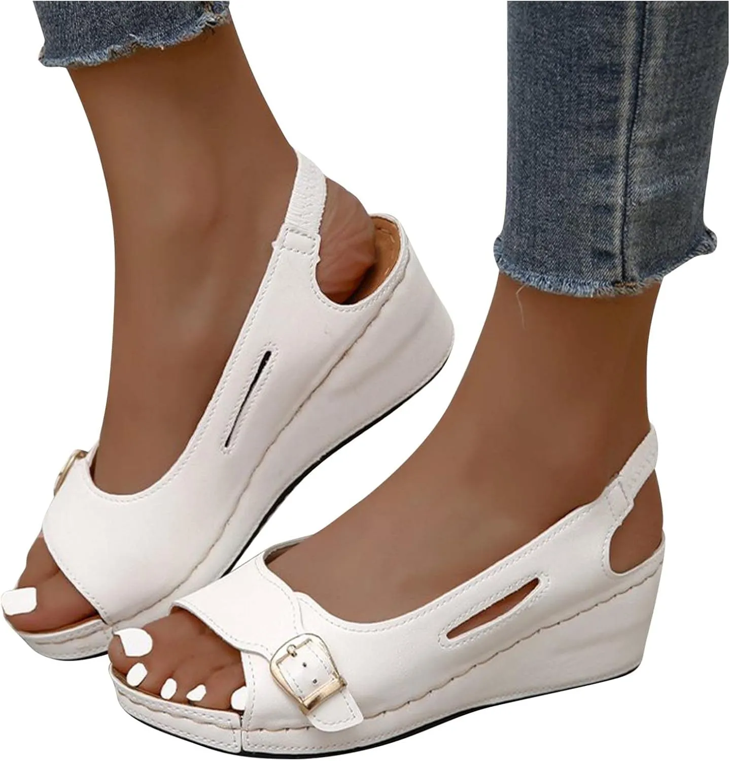 Summer Wedge Sandals for Women,Fashion Casual Fish Mouth Open Toe Buckle Hollow Roman Sandals Solid Comfortable Outdoor Ladies Shoes Sandalias