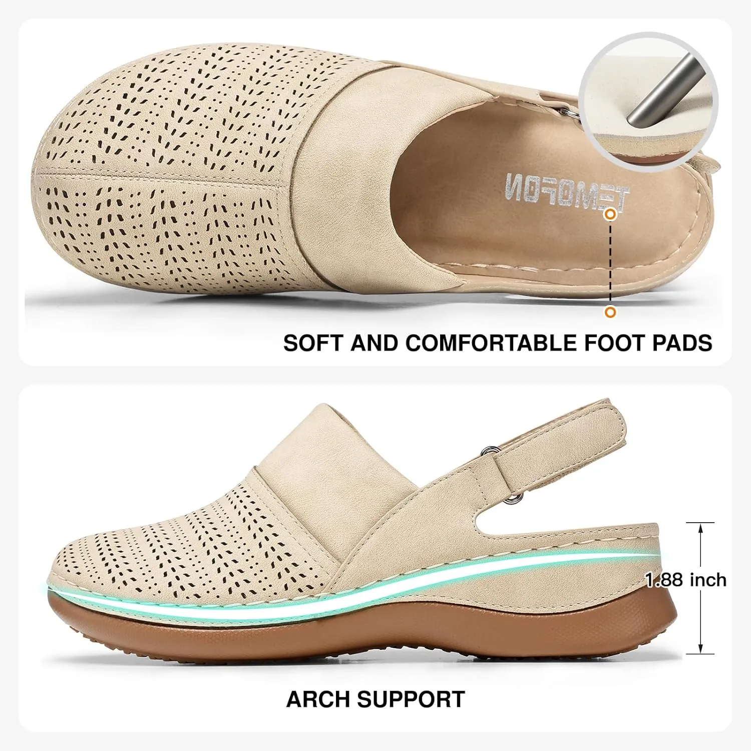 TEMOFON Shoes for Women Clogs Sandals: Comfortable Closed Toe Wedge Shoes Sling-Back Walking Mules with Arch Support