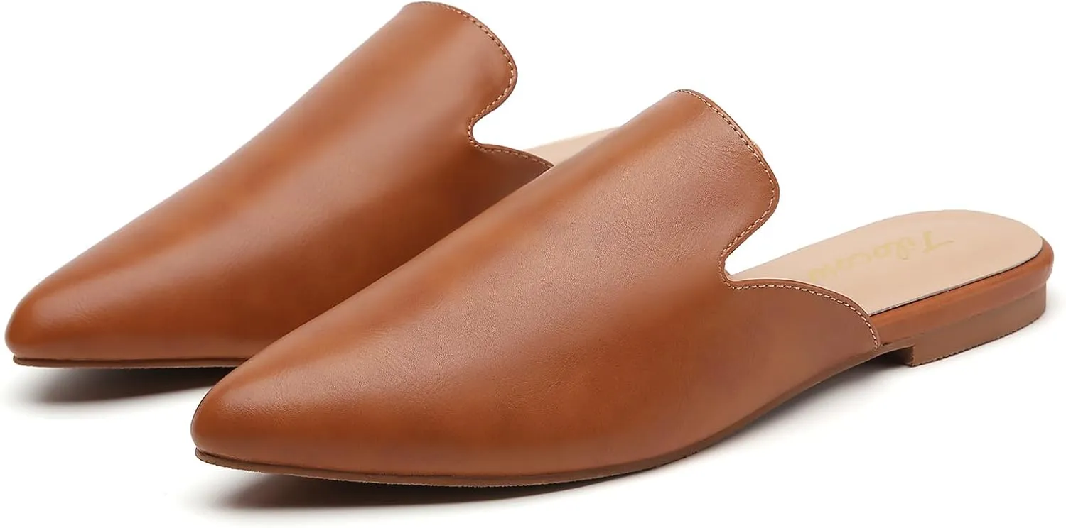 Tilocow Mules for Woman Comfortable Pointed Toe Backless Loafers Flat Mule Business Casual Shoes Slides Slip on