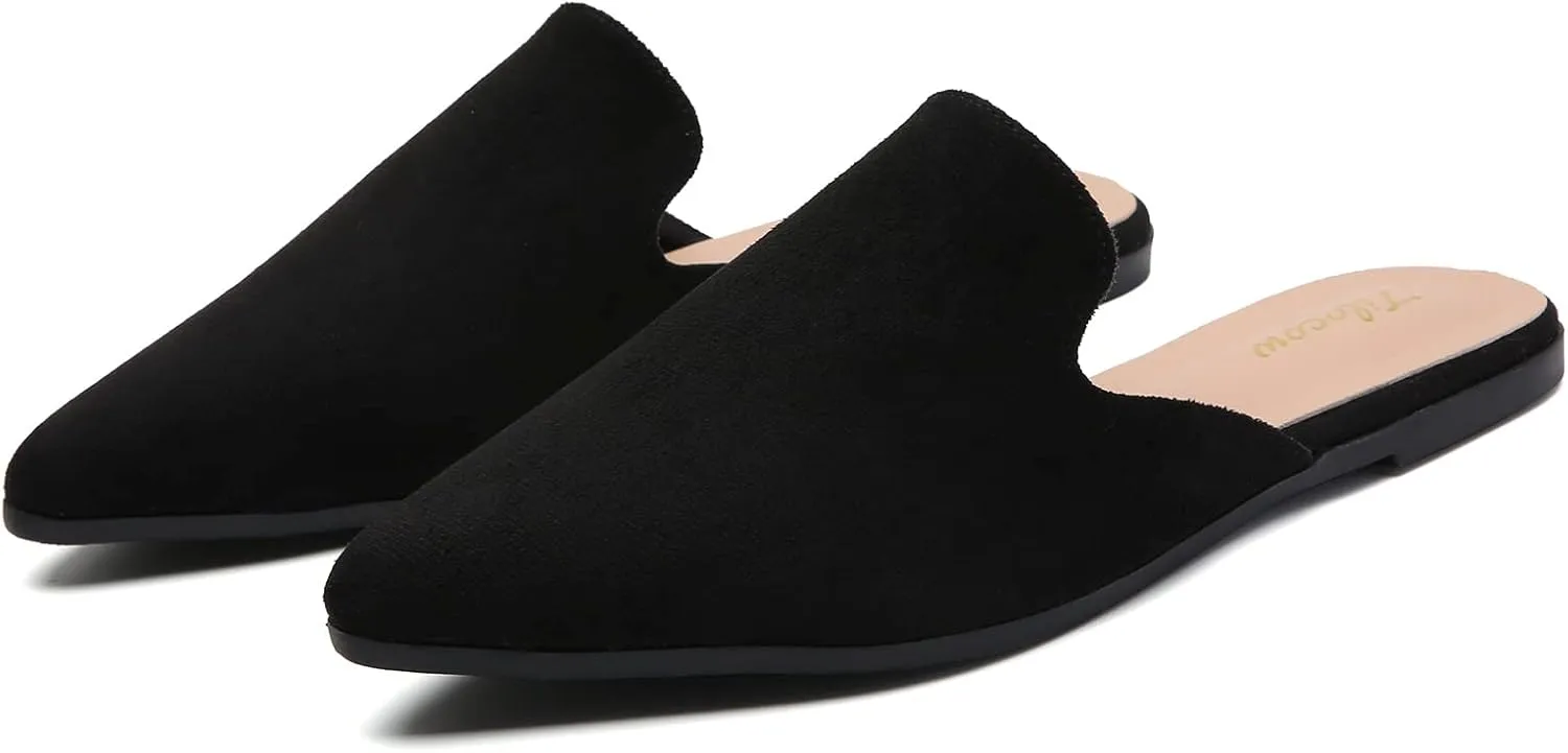 Tilocow Mules for Woman Comfortable Pointed Toe Backless Loafers Flat Mule Business Casual Shoes Slides Slip on