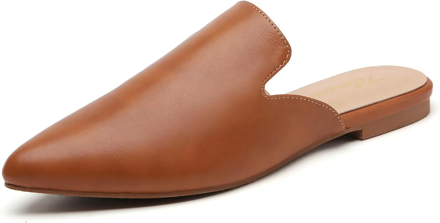 Tilocow Mules for Woman Comfortable Pointed Toe Backless Loafers Flat Mule Business Casual Shoes Slides Slip on