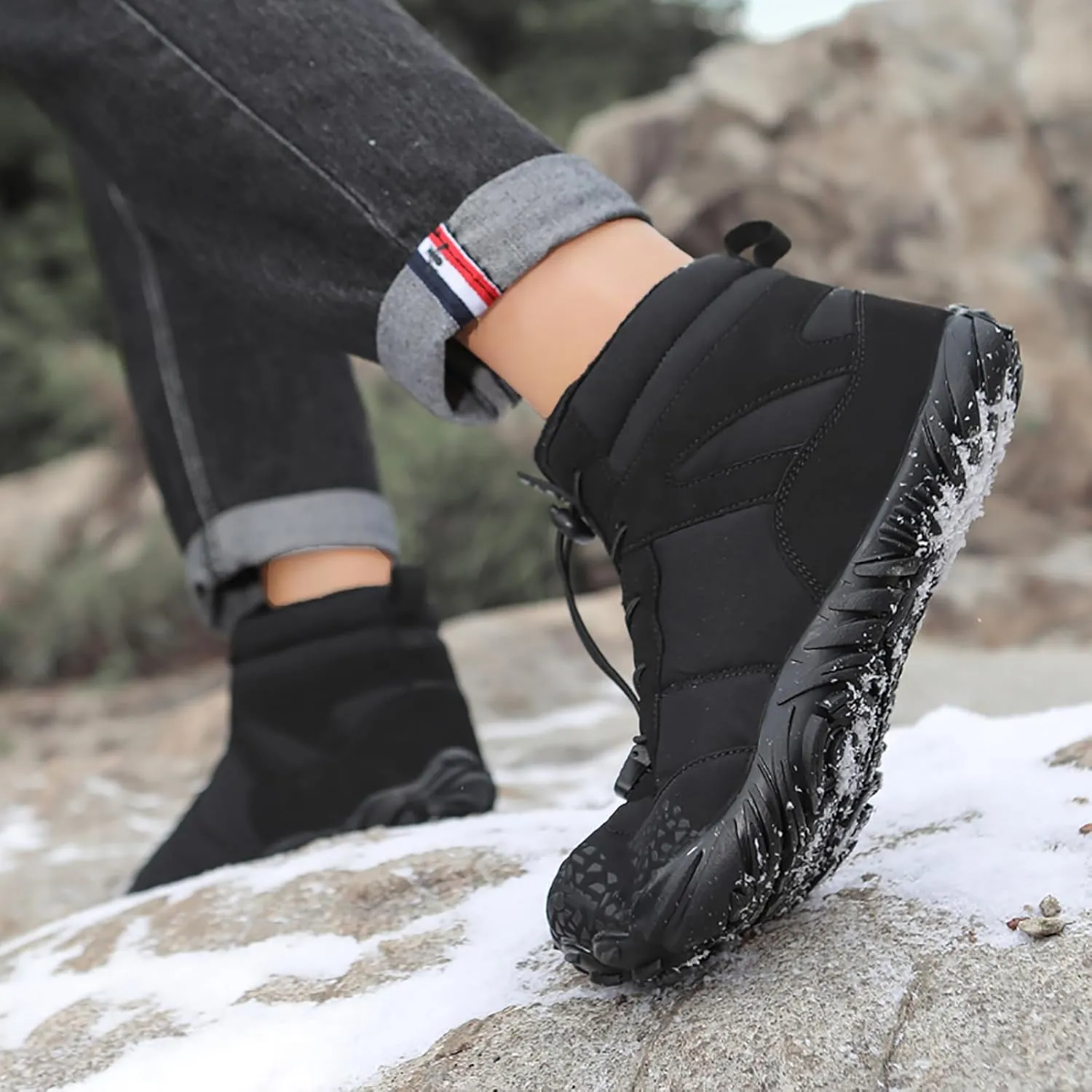 Tongzone Wide Toe Box Men's Women's Barefoot Shoes Fur Lined Zero Drop Sole High top Walking shoes Winter