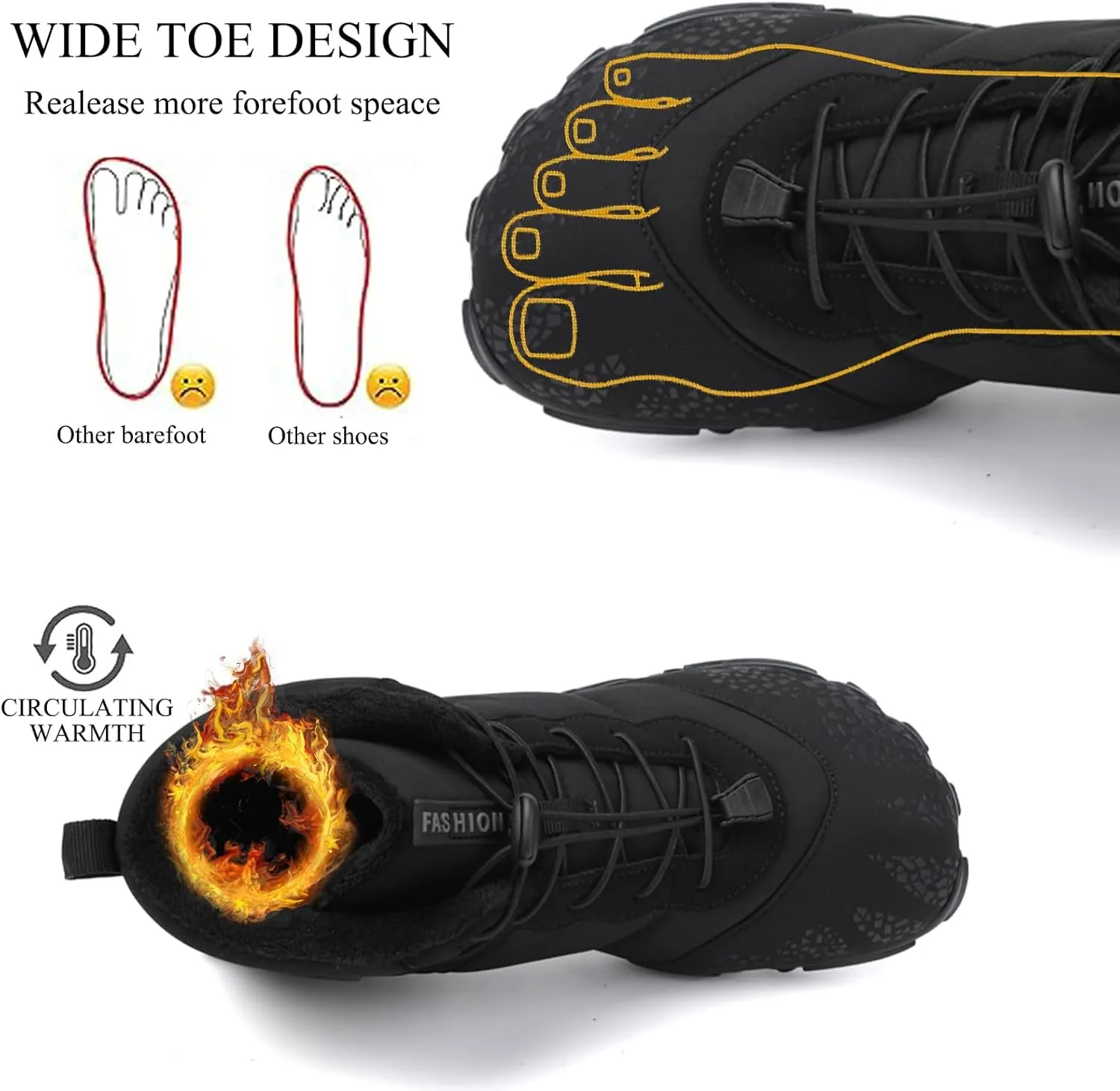 Tongzone Wide Toe Box Men's Women's Barefoot Shoes Fur Lined Zero Drop Sole High top Walking shoes Winter