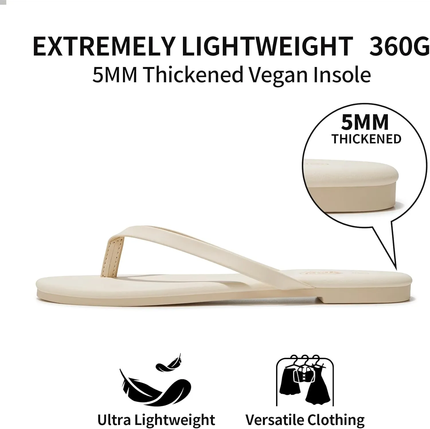 Trary Round Toe Memory Foam Sandals for Women, Vegan Leather Non-Slip Beach Pool Travel Flip Flops, Comfortable Summer Casual Shoes with 5mm Cushion