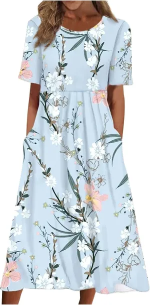 Tshirt Dress for Women 2025 Beach Cotton Linen Floral Printed Dresses with Pockets Casual Flowy Long Dress
