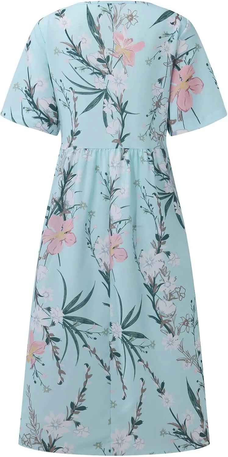 Tshirt Dress for Women 2025 Beach Cotton Linen Floral Printed Dresses with Pockets Casual Flowy Long Dress