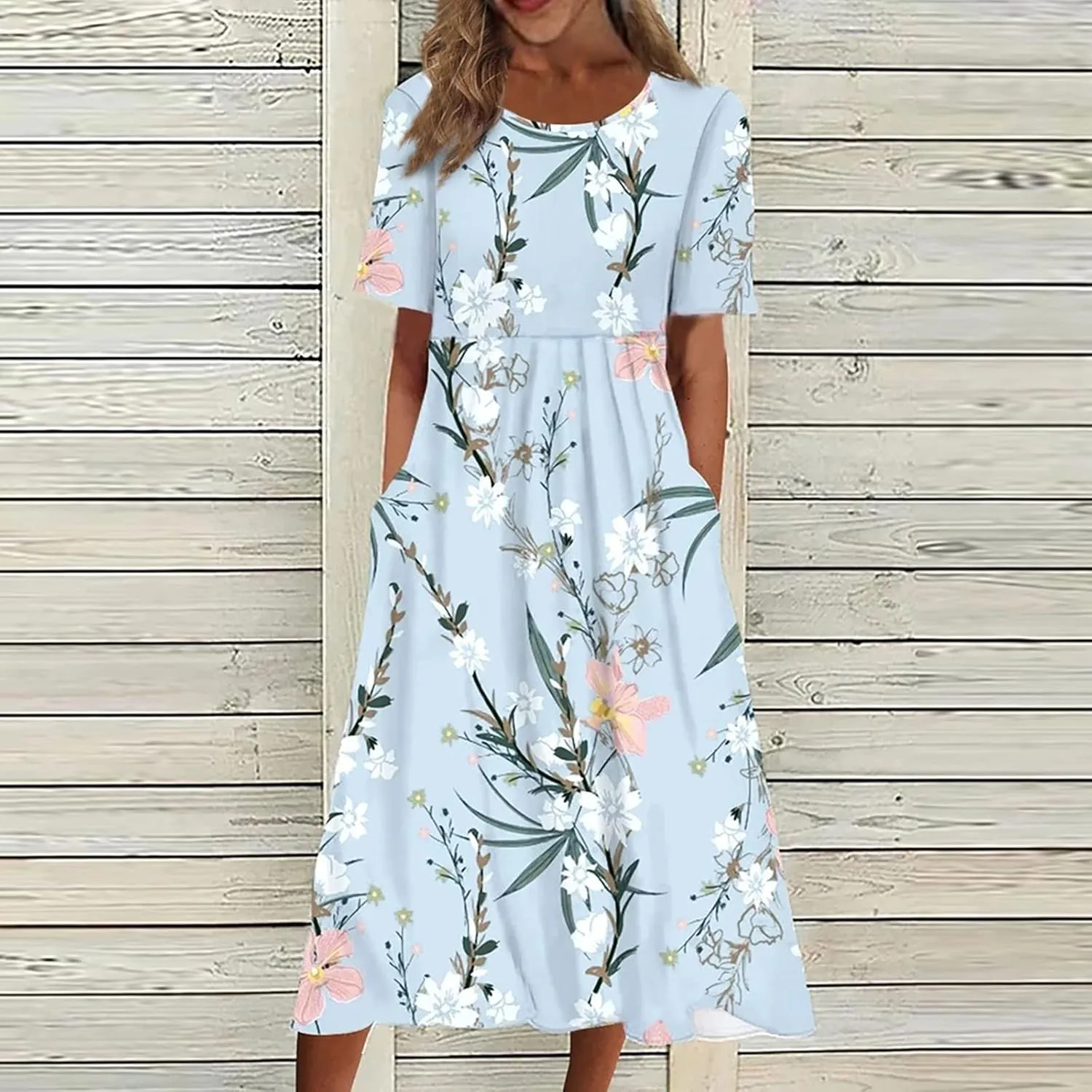 Tshirt Dress for Women 2025 Beach Cotton Linen Floral Printed Dresses with Pockets Casual Flowy Long Dress