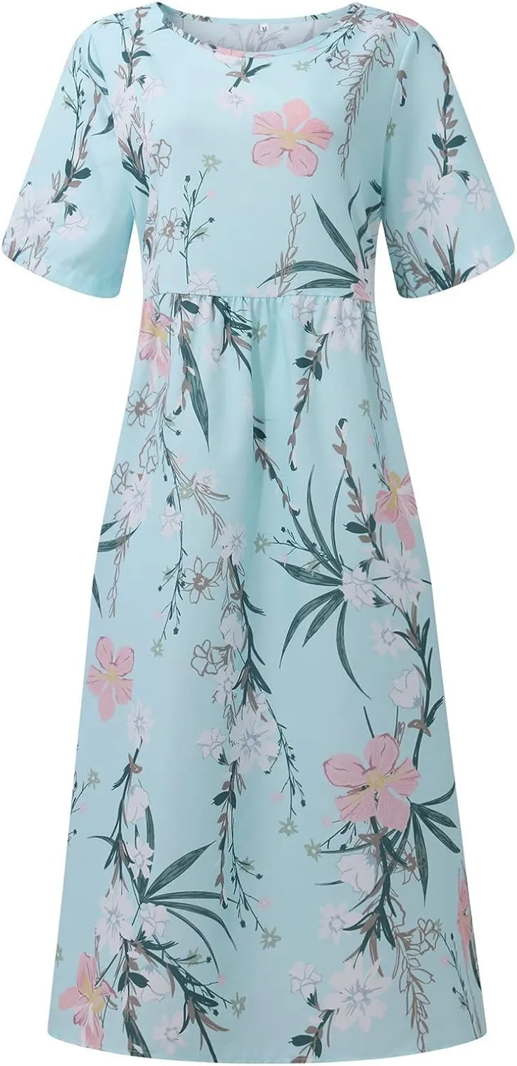 Tshirt Dress for Women 2025 Beach Cotton Linen Floral Printed Dresses with Pockets Casual Flowy Long Dress