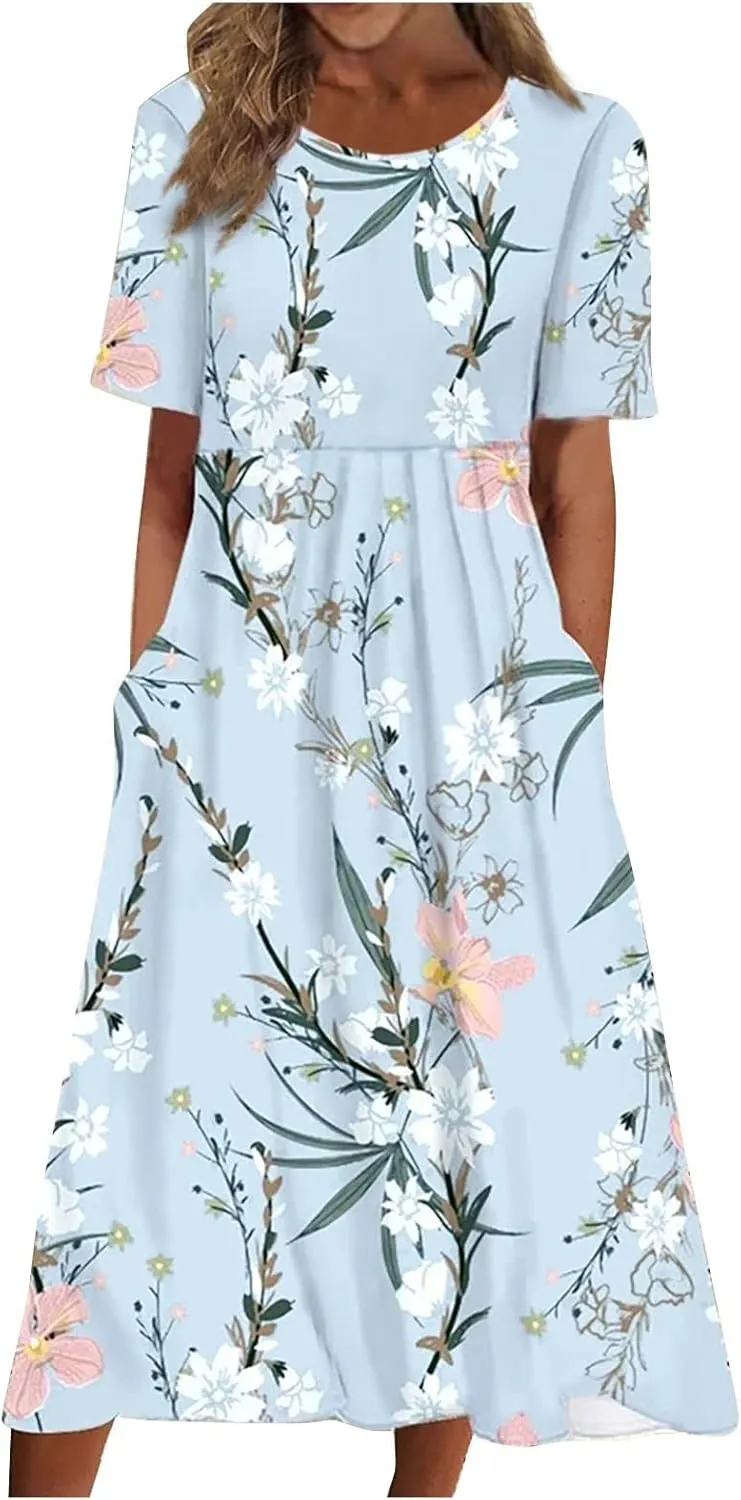 Tshirt Dress for Women 2025 Beach Cotton Linen Floral Printed Dresses with Pockets Casual Flowy Long Dress