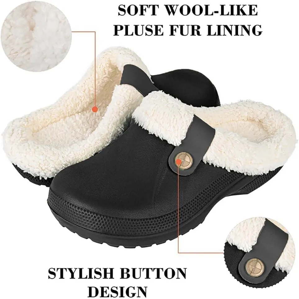 Unisex Winter Fur Lined Clogs Shoes Cushioned Fleece Clogs Indoor Outdoor Fuzzy Slippers Comfy Memory Foam Fluffy Lined Clogs Garden Waterproof Mules
