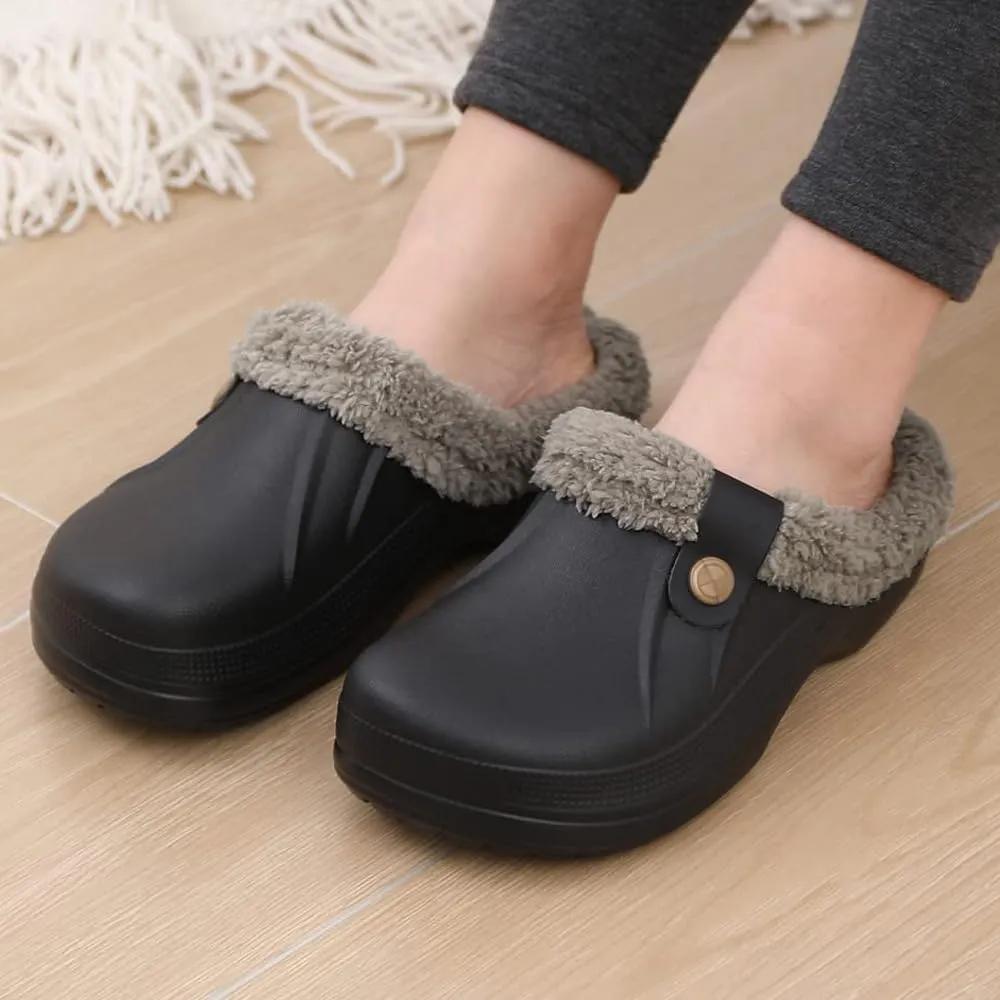 Unisex Winter Fur Lined Clogs Shoes Cushioned Fleece Clogs Indoor Outdoor Fuzzy Slippers Comfy Memory Foam Fluffy Lined Clogs Garden Waterproof Mules