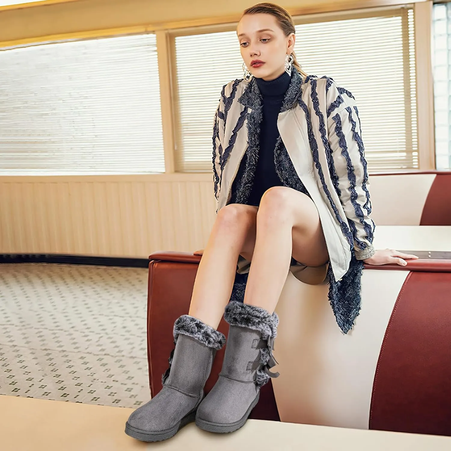 Uoidru Women's Snow Boots Anti-Slip Mid-calf Winter Boots for Womens Faux Fur Lined Winter Suede Snow Boots Womens Comfortable Fashion Boots