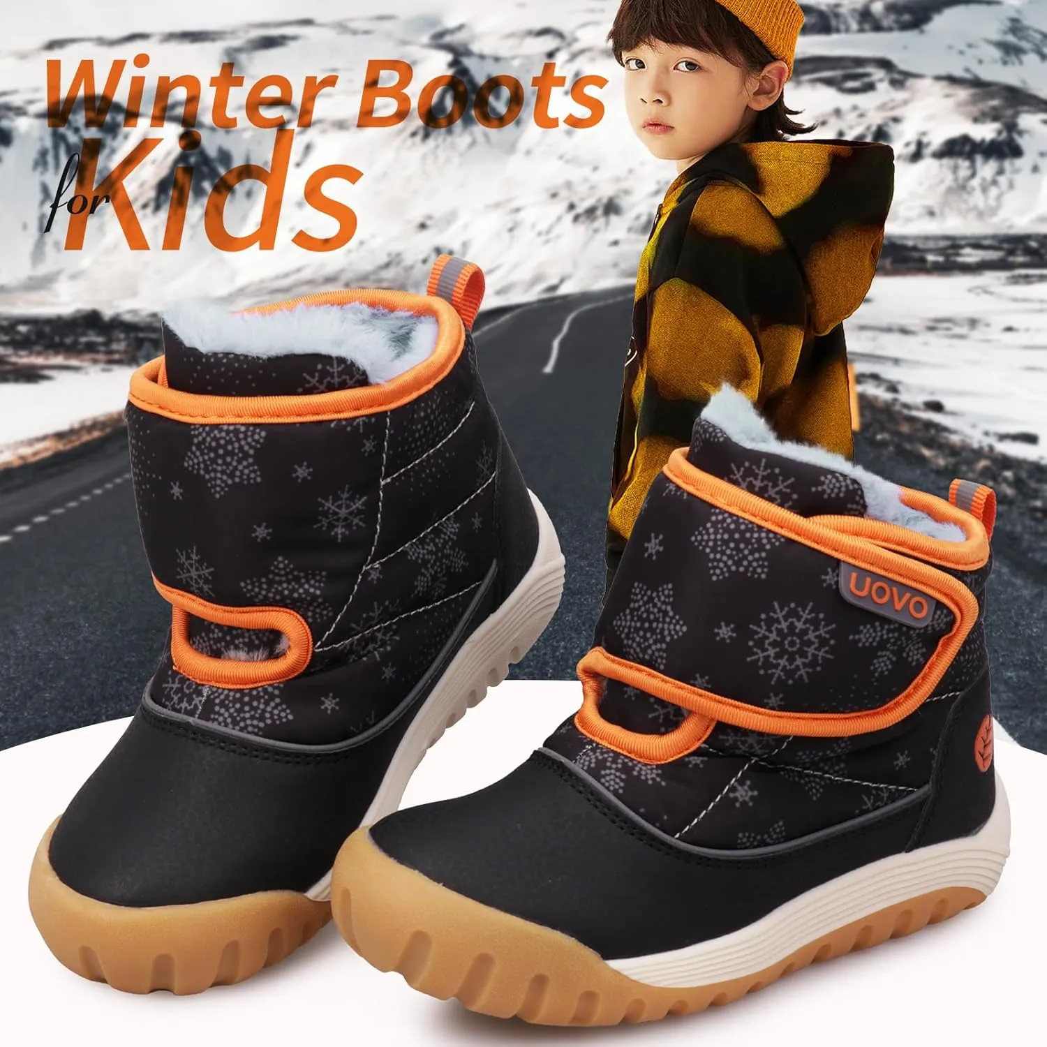 UOVO Kids Boys Winter Snow Boots Ankle Fur Lined Slip Resistant Outdoor Warm Shoes (Toddler/Little Kid)