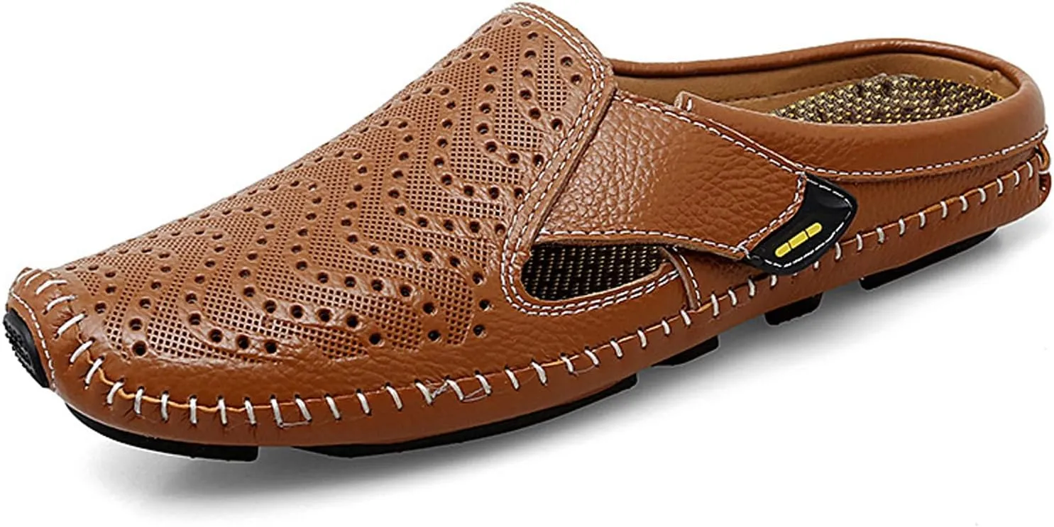 URLECHS Men's Leather Square Toe Cutout Mules,Breathable Punching Hook&Loop Backless Comfortable Loafers,Casual Fashion Flats Walking Driving Shoes