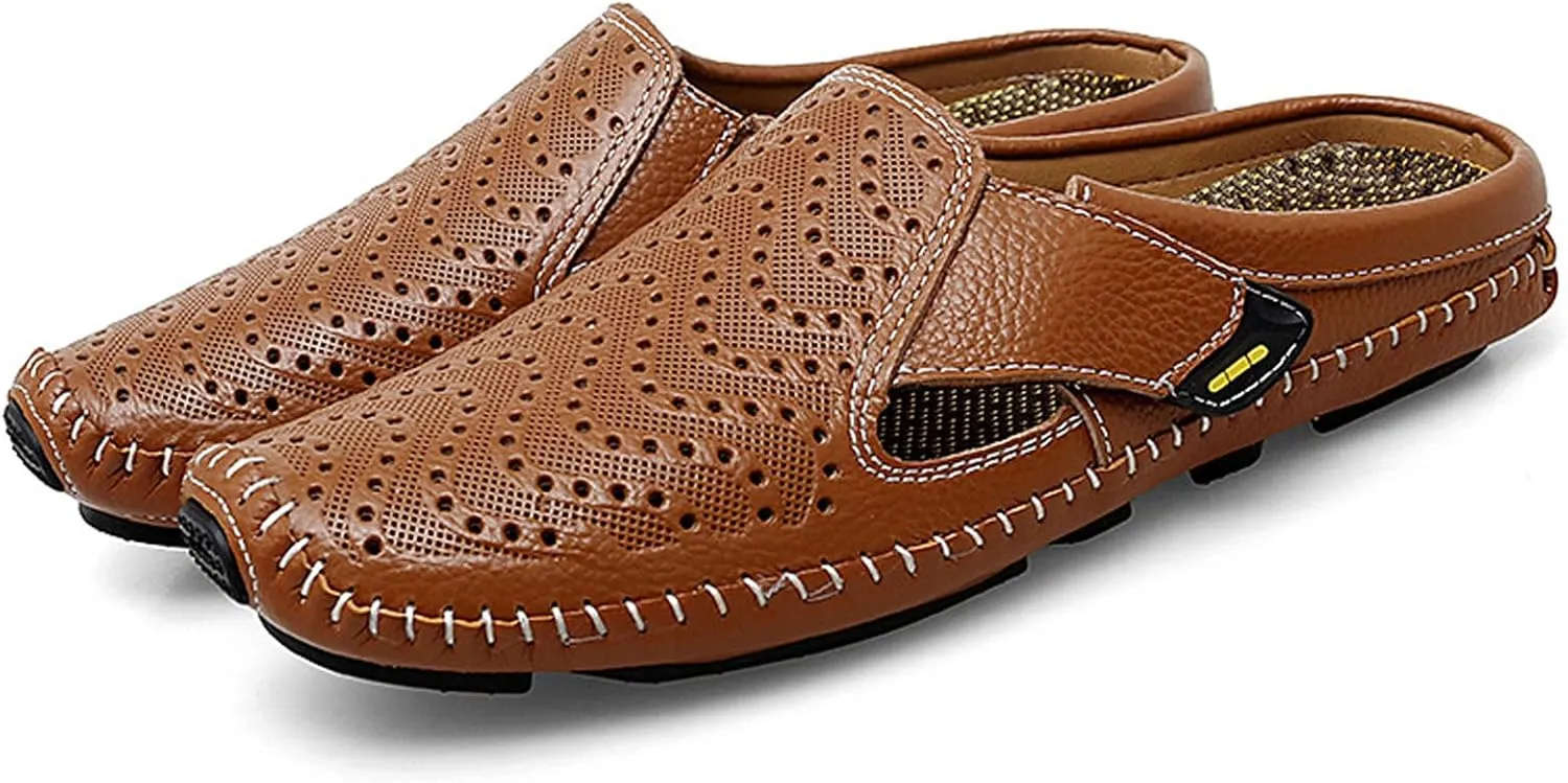 URLECHS Men's Leather Square Toe Cutout Mules,Breathable Punching Hook&Loop Backless Comfortable Loafers,Casual Fashion Flats Walking Driving Shoes