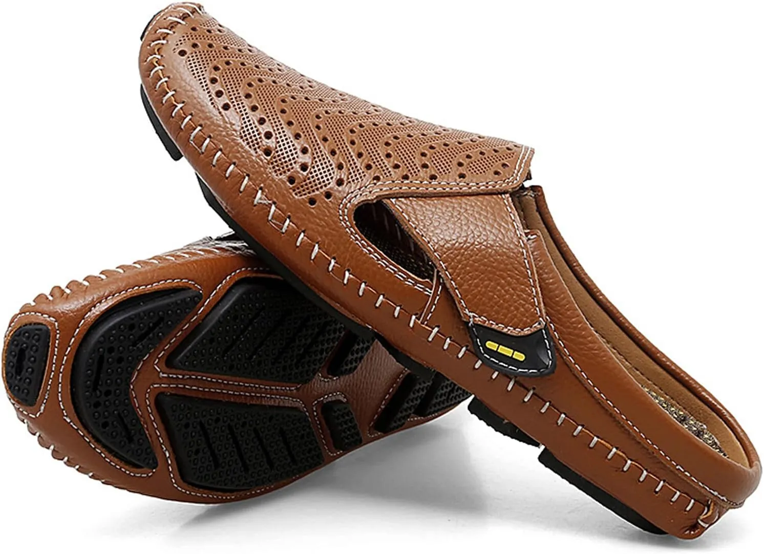 URLECHS Men's Leather Square Toe Cutout Mules,Breathable Punching Hook&Loop Backless Comfortable Loafers,Casual Fashion Flats Walking Driving Shoes