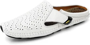 URLECHS Men's Leather Square Toe Cutout Mules,Breathable Punching Hook&Loop Backless Comfortable Loafers,Casual Fashion Flats Walking Driving Shoes