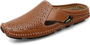 URLECHS Men's Leather Square Toe Cutout Mules,Breathable Punching Hook&Loop Backless Comfortable Loafers,Casual Fashion Flats Walking Driving Shoes