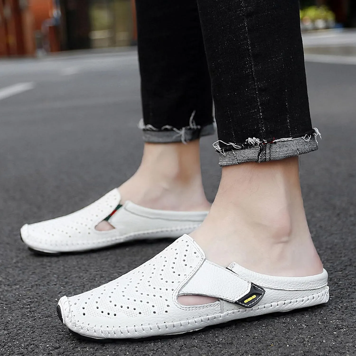 URLECHS Men's Leather Square Toe Cutout Mules,Breathable Punching Hook&Loop Backless Comfortable Loafers,Casual Fashion Flats Walking Driving Shoes