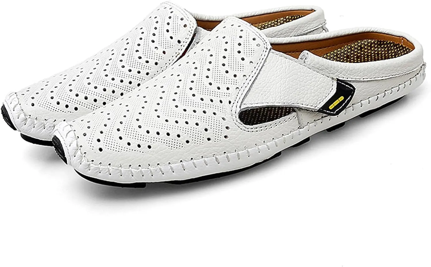 URLECHS Men's Leather Square Toe Cutout Mules,Breathable Punching Hook&Loop Backless Comfortable Loafers,Casual Fashion Flats Walking Driving Shoes