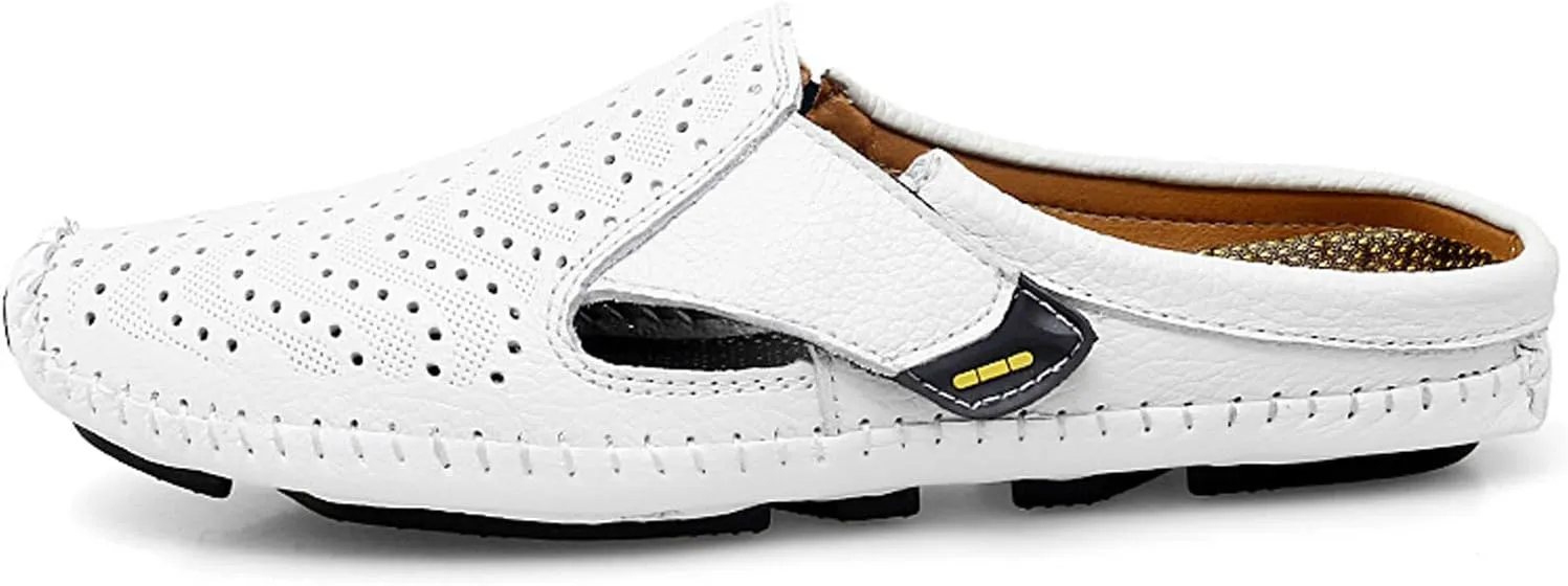 URLECHS Men's Leather Square Toe Cutout Mules,Breathable Punching Hook&Loop Backless Comfortable Loafers,Casual Fashion Flats Walking Driving Shoes