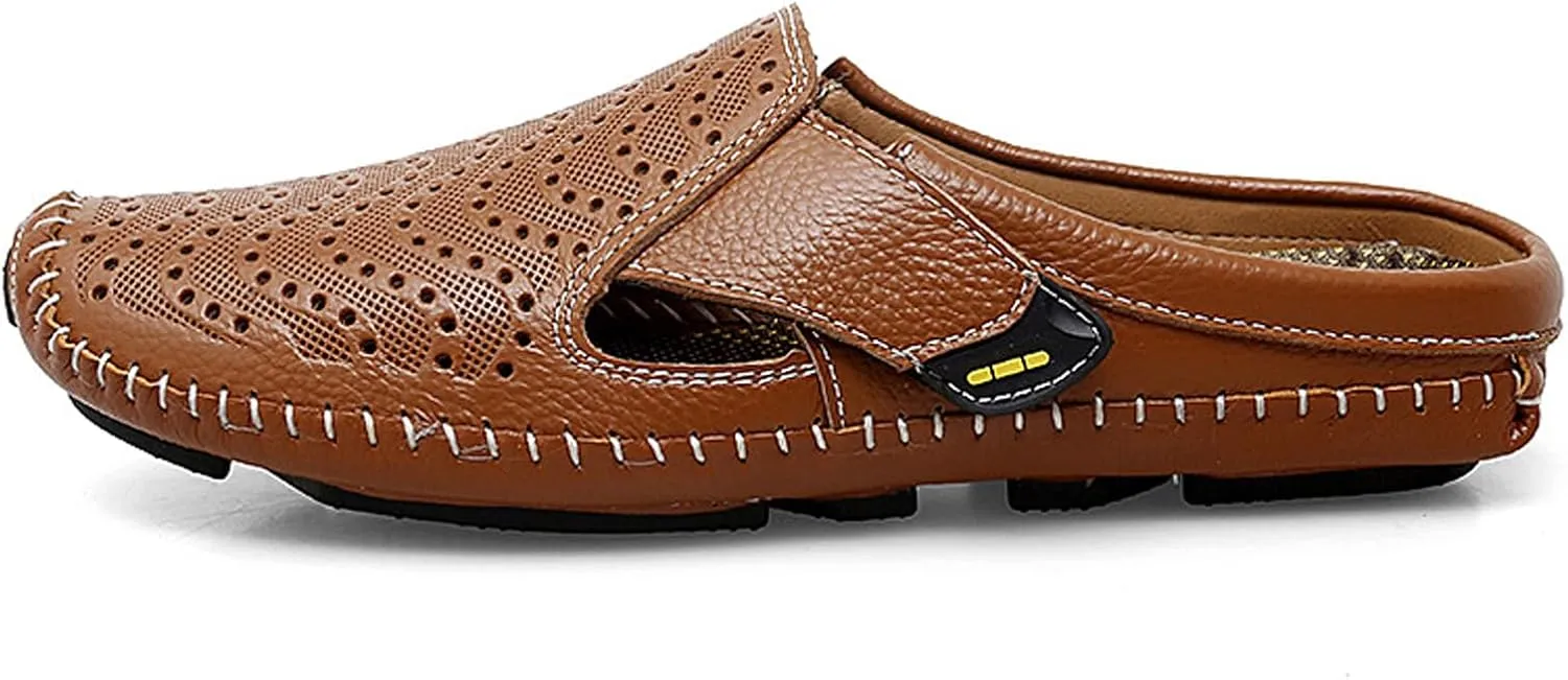 URLECHS Men's Leather Square Toe Cutout Mules,Breathable Punching Hook&Loop Backless Comfortable Loafers,Casual Fashion Flats Walking Driving Shoes