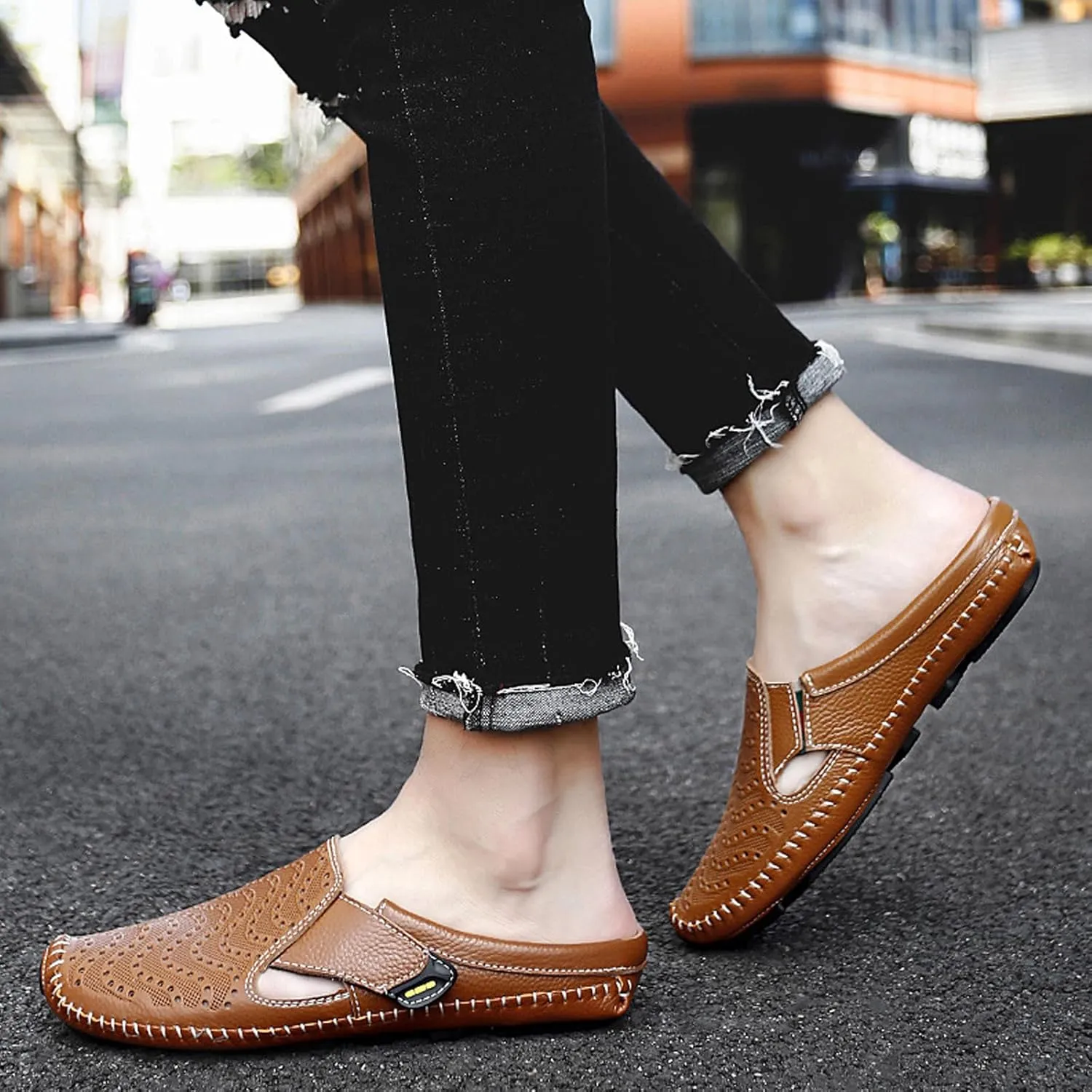 URLECHS Men's Leather Square Toe Cutout Mules,Breathable Punching Hook&Loop Backless Comfortable Loafers,Casual Fashion Flats Walking Driving Shoes