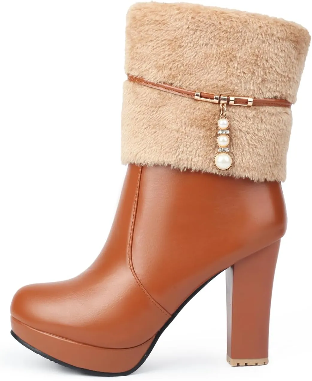 UTIKLIOU Women's Ankle Boots Platform Boots Side Zip Chunky Heel Booties with Fur Round Toe Leather Winter Boots for Women