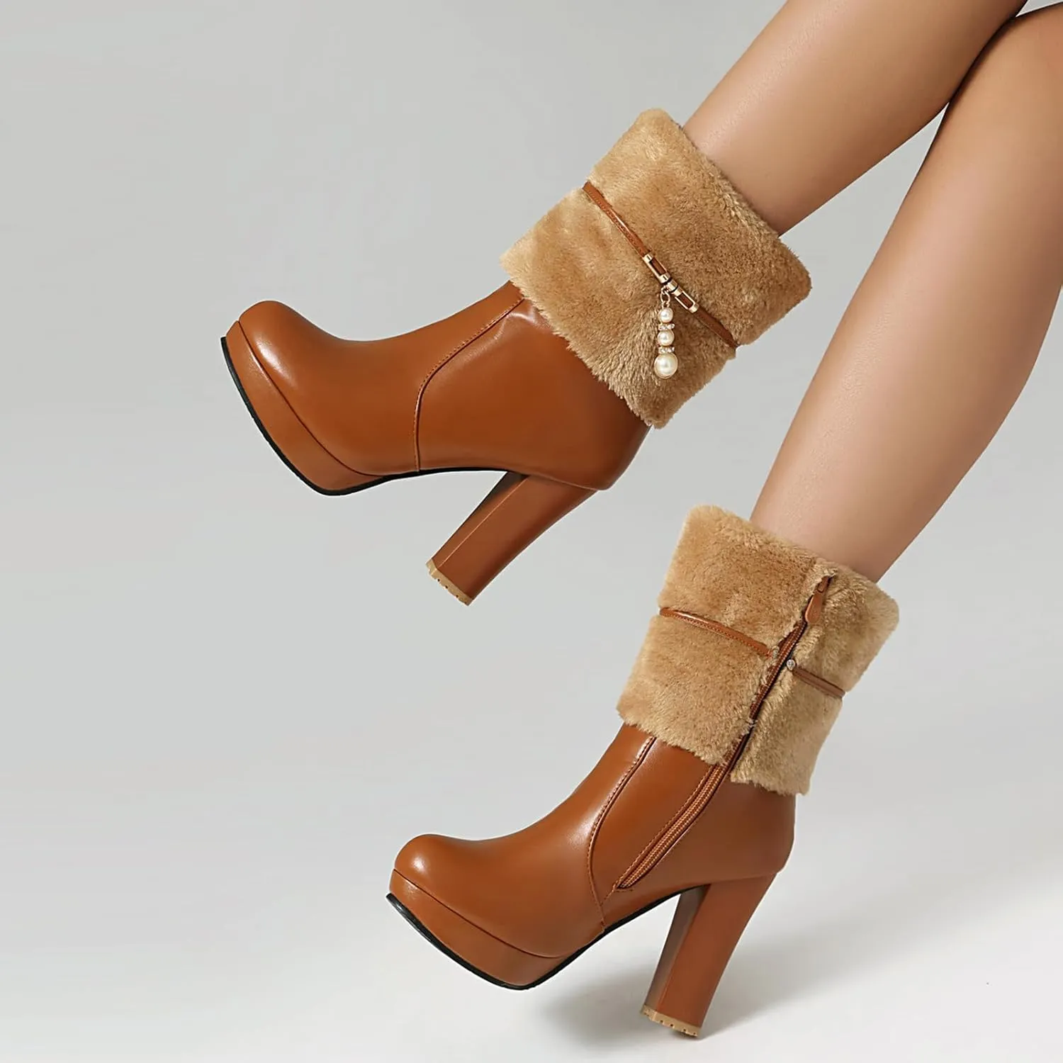 UTIKLIOU Women's Ankle Boots Platform Boots Side Zip Chunky Heel Booties with Fur Round Toe Leather Winter Boots for Women