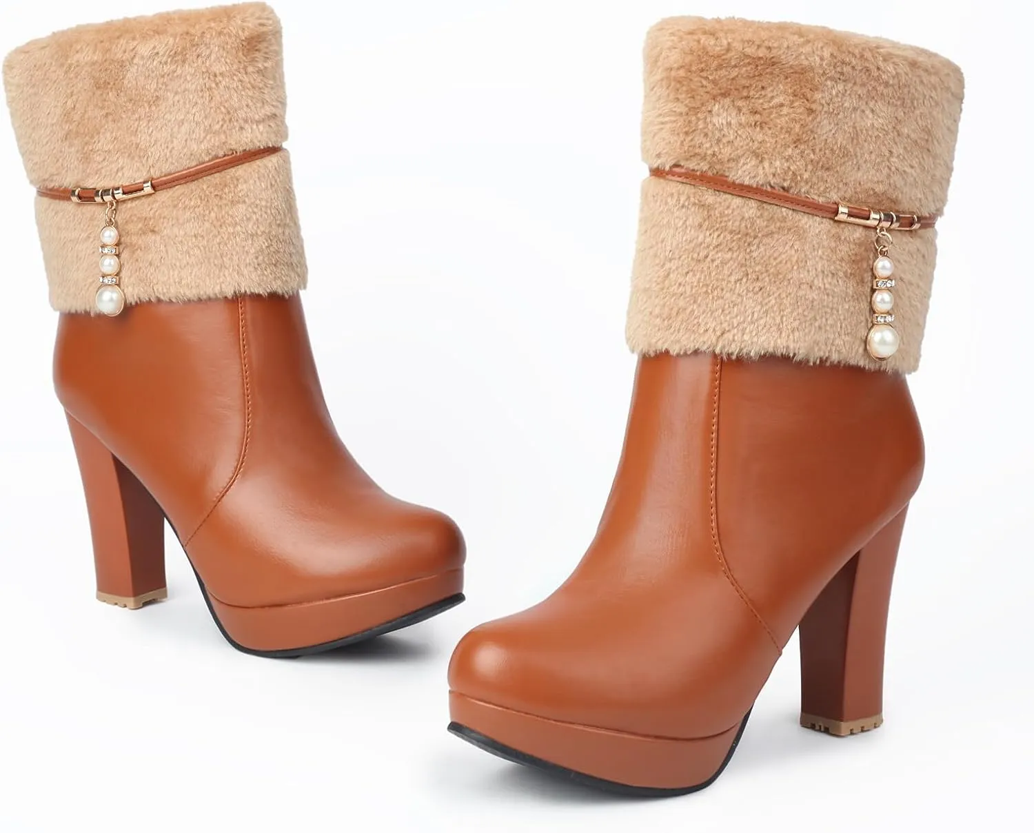 UTIKLIOU Women's Ankle Boots Platform Boots Side Zip Chunky Heel Booties with Fur Round Toe Leather Winter Boots for Women