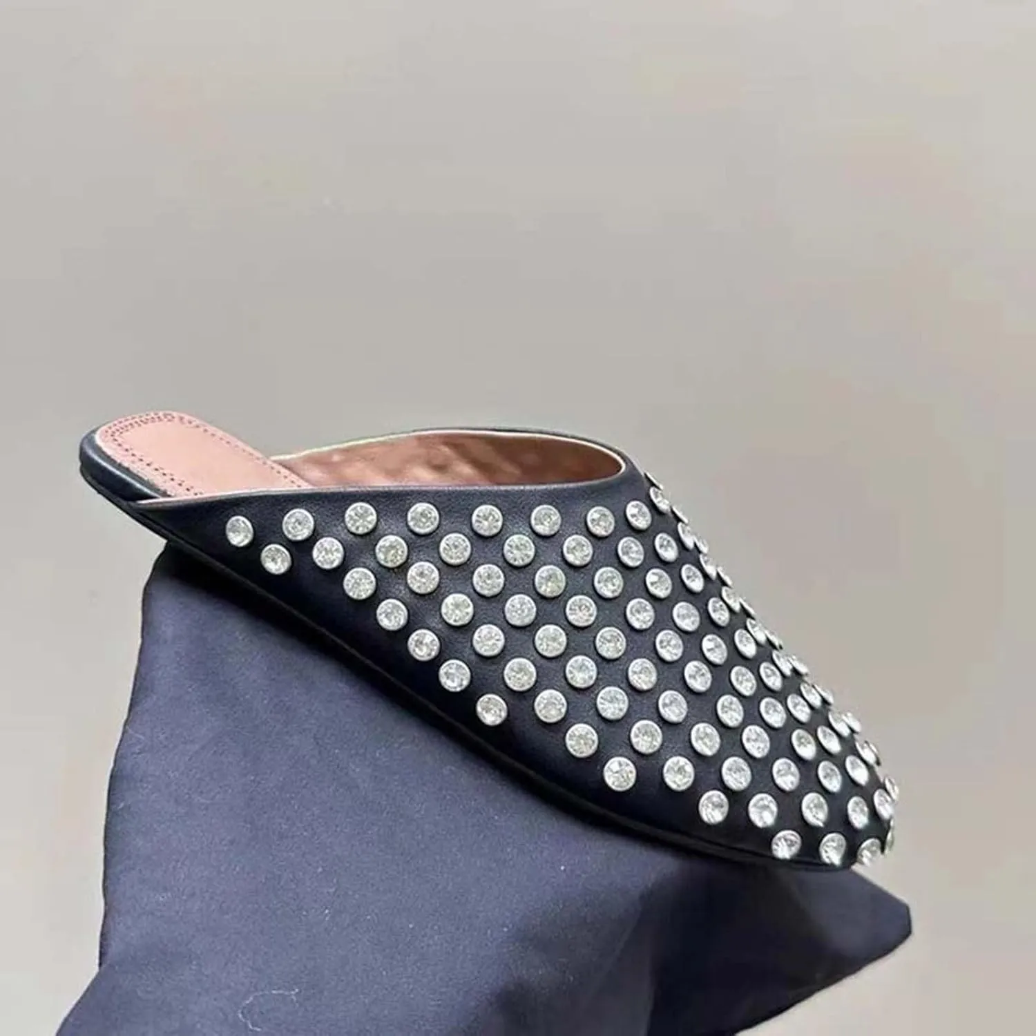 Vertundy Women's Rhinestone Flat Mules Fashion Round Toe Slip On Loafer Cusual Bling Crystal Slides Dress Flats Ladies