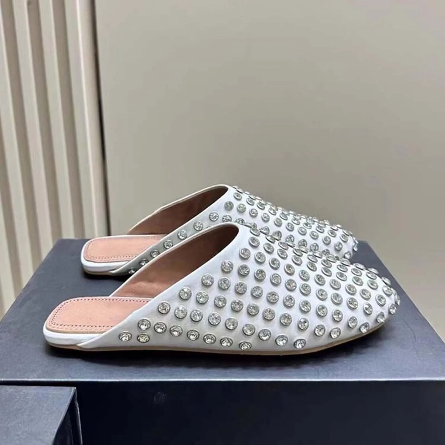 Vertundy Women's Rhinestone Flat Mules Fashion Round Toe Slip On Loafer Cusual Bling Crystal Slides Dress Flats Ladies