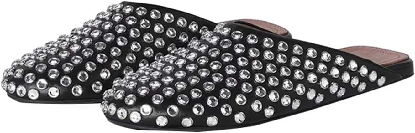 Vertundy Women's Rhinestone Flat Mules Fashion Round Toe Slip On Loafer Cusual Bling Crystal Slides Dress Flats Ladies