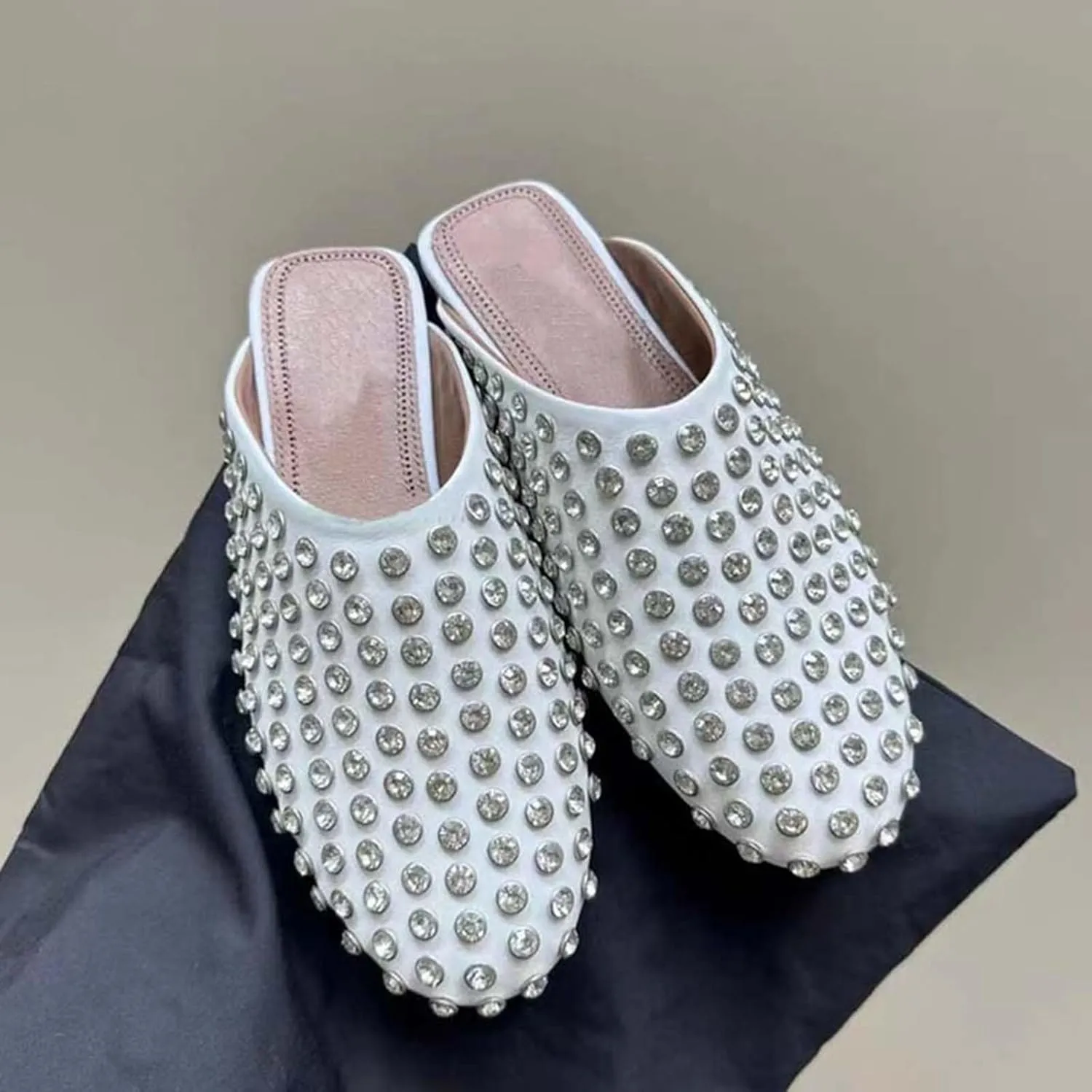 Vertundy Women's Rhinestone Flat Mules Fashion Round Toe Slip On Loafer Cusual Bling Crystal Slides Dress Flats Ladies