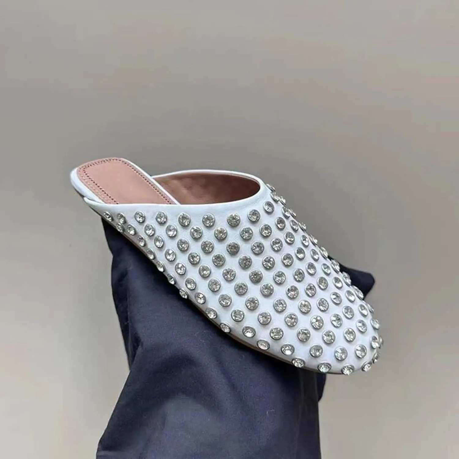Vertundy Women's Rhinestone Flat Mules Fashion Round Toe Slip On Loafer Cusual Bling Crystal Slides Dress Flats Ladies