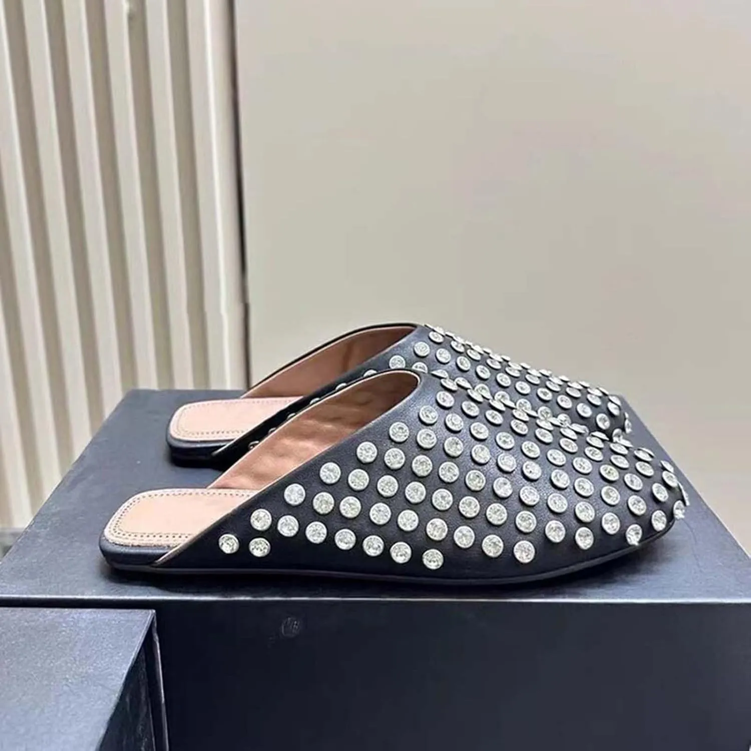 Vertundy Women's Rhinestone Flat Mules Fashion Round Toe Slip On Loafer Cusual Bling Crystal Slides Dress Flats Ladies