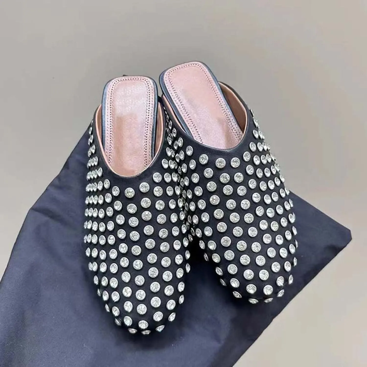 Vertundy Women's Rhinestone Flat Mules Fashion Round Toe Slip On Loafer Cusual Bling Crystal Slides Dress Flats Ladies