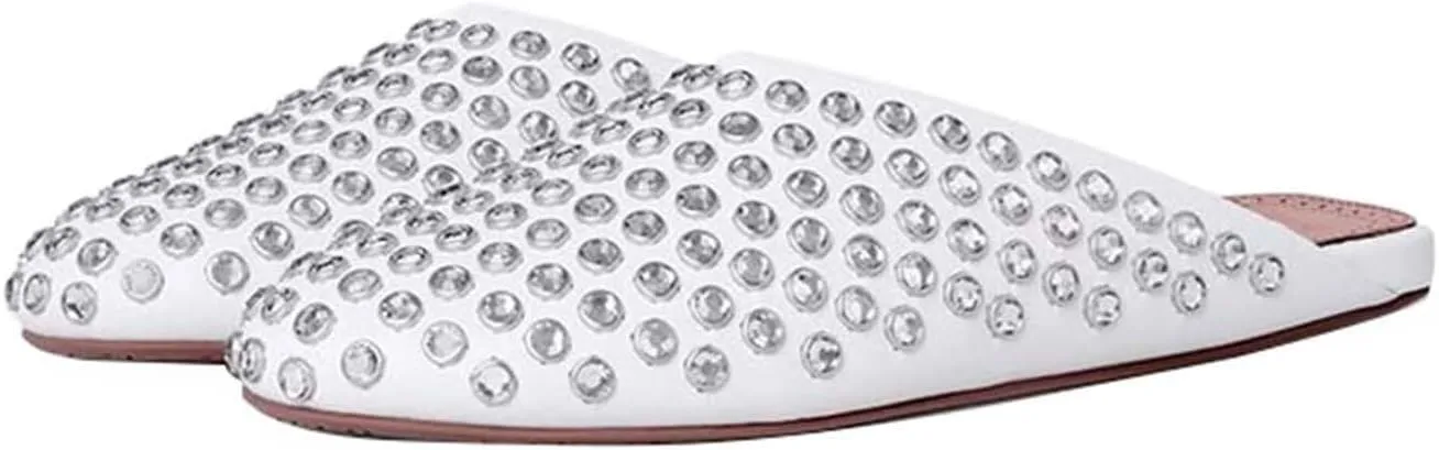Vertundy Women's Rhinestone Flat Mules Fashion Round Toe Slip On Loafer Cusual Bling Crystal Slides Dress Flats Ladies