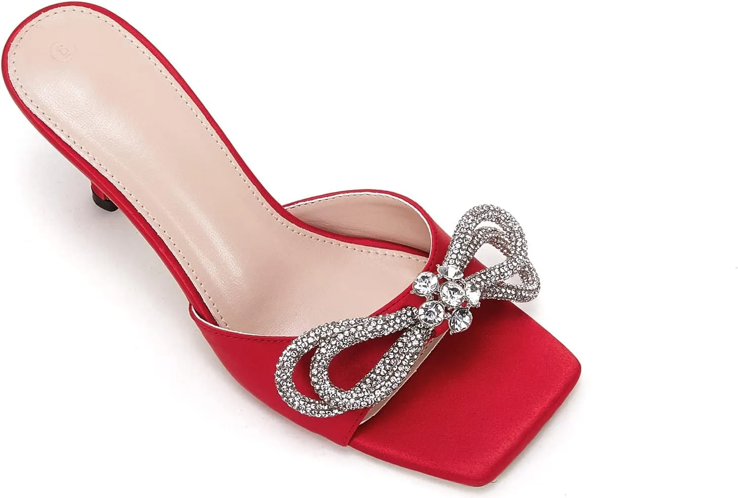 VETASTE Women's Heeled Sandals Square Open Toe Double Bow Satin Mules Heels Wedding Party Slip on Stilettos