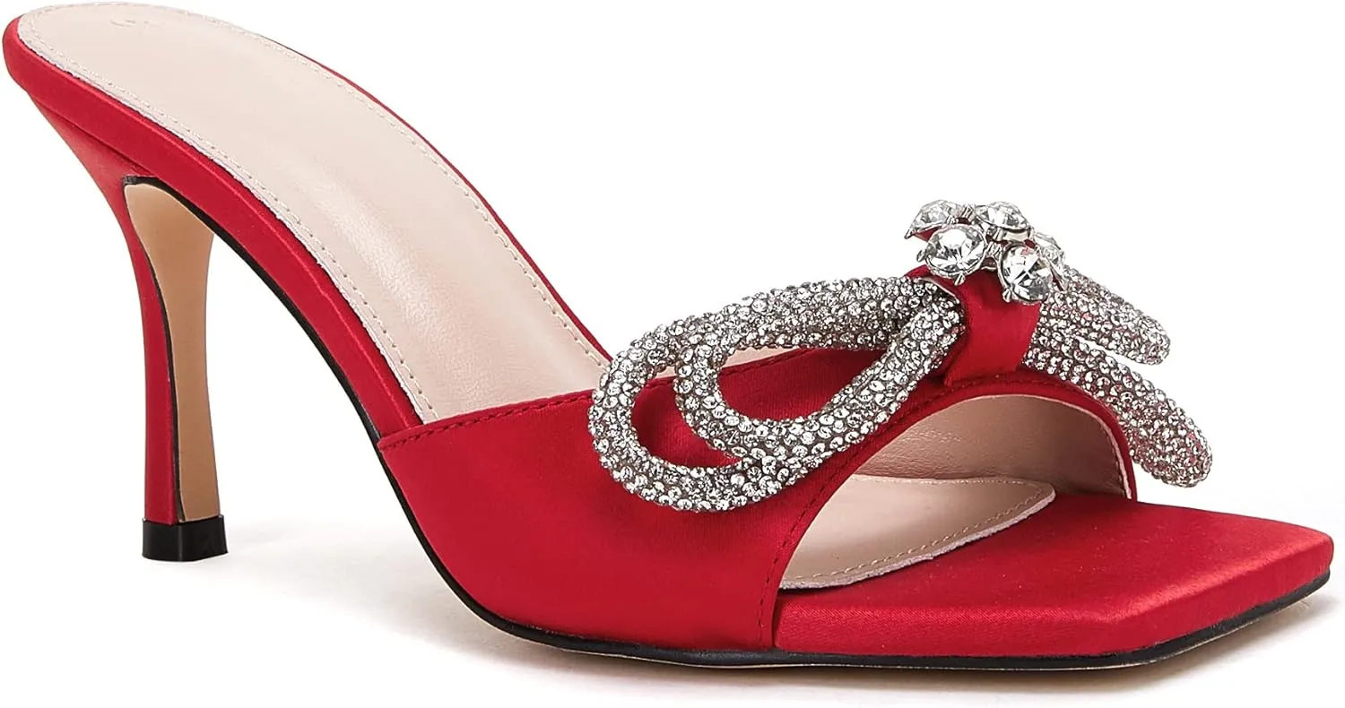 VETASTE Women's Heeled Sandals Square Open Toe Double Bow Satin Mules Heels Wedding Party Slip on Stilettos