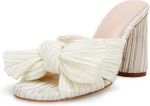 VETASTE Women's Pleated Bow Knot Heeled Sandals Comfortable Slip On Open Toe Block Chunky Heel Slides Bridal Wedding Dress Shoes