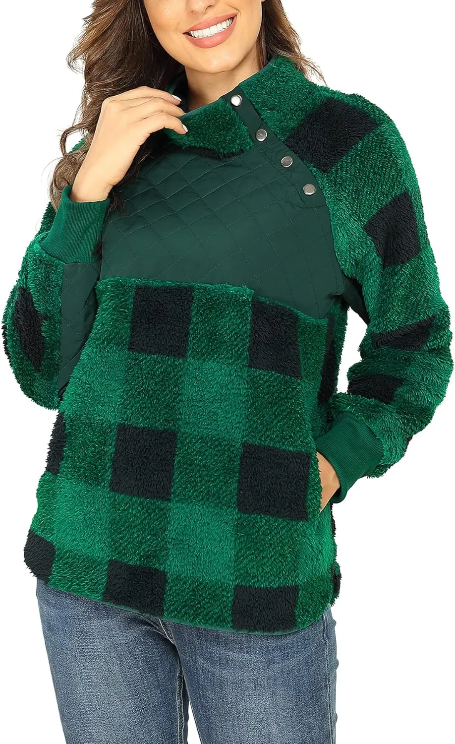 VIISHOW Women's Long Sleeves Quilt Coat Turtleneck Oblique Button Neck Fleece Pullover Coat Sweatshirts Outwear with Pocket