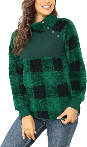 VIISHOW Women's Long Sleeves Quilt Coat Turtleneck Oblique Button Neck Fleece Pullover Coat Sweatshirts Outwear with Pocket