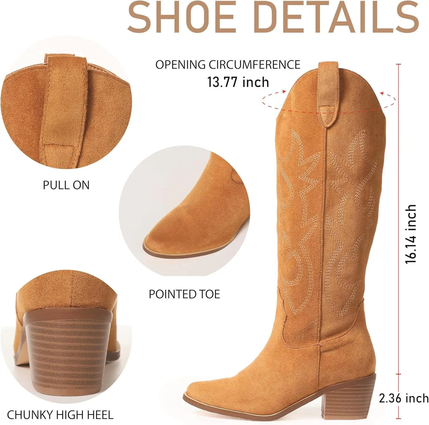 VIMISAOI Cowboy Boots for Women - Knee High, Pointed Toe, Wide Calf Western White Cowgirl Tall Boots
