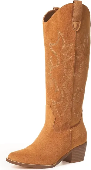 VIMISAOI Cowboy Boots for Women - Knee High, Pointed Toe, Wide Calf Western White Cowgirl Tall Boots