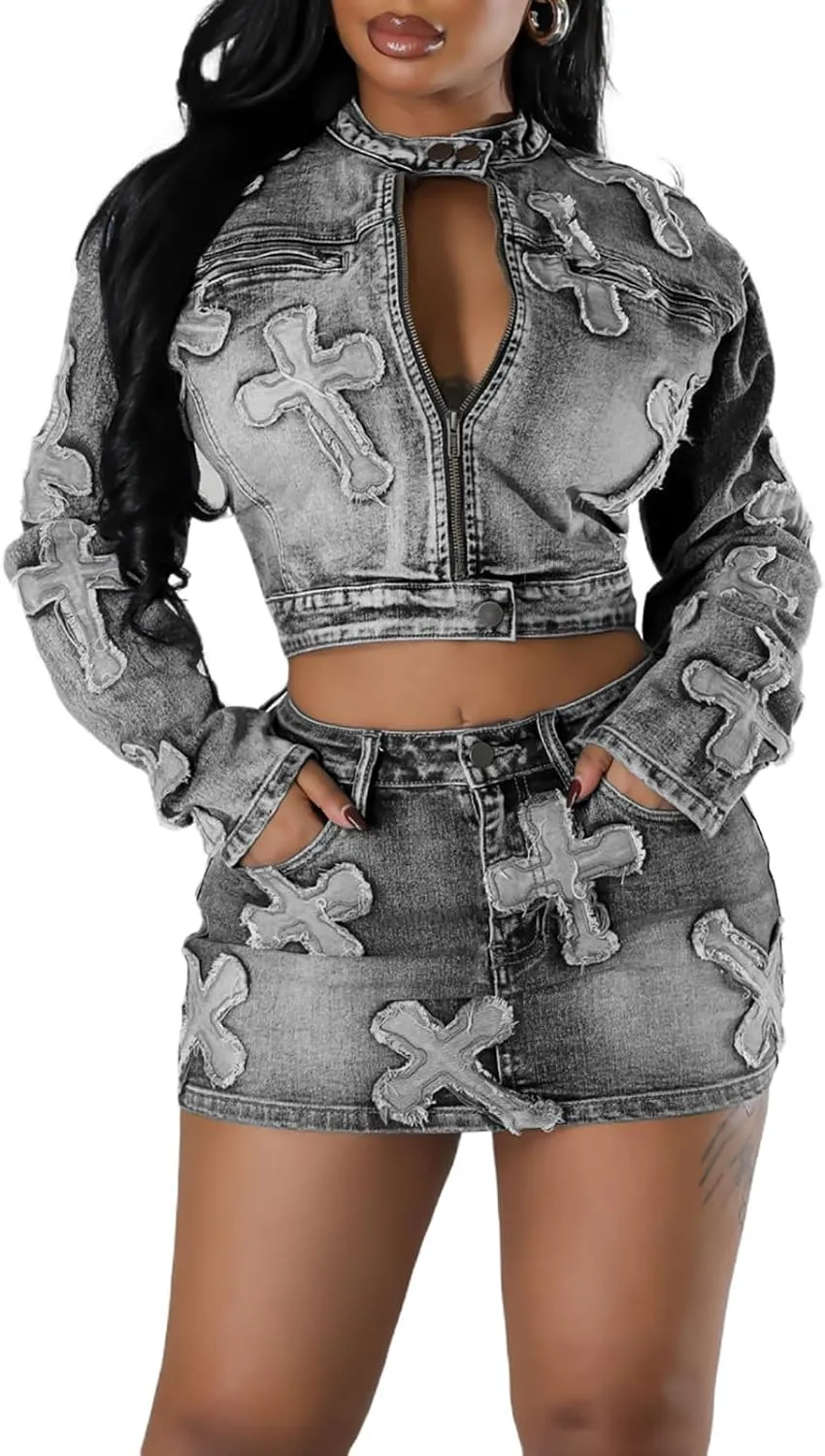 Vssjavun Women 2 Piece Denim Outfit Sexy Long Sleeve Zip Up Jean Jacket Bodycon Mini Skirt Sets