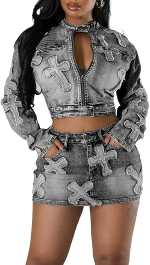 Vssjavun Women 2 Piece Denim Outfit Sexy Long Sleeve Zip Up Jean Jacket Bodycon Mini Skirt Sets