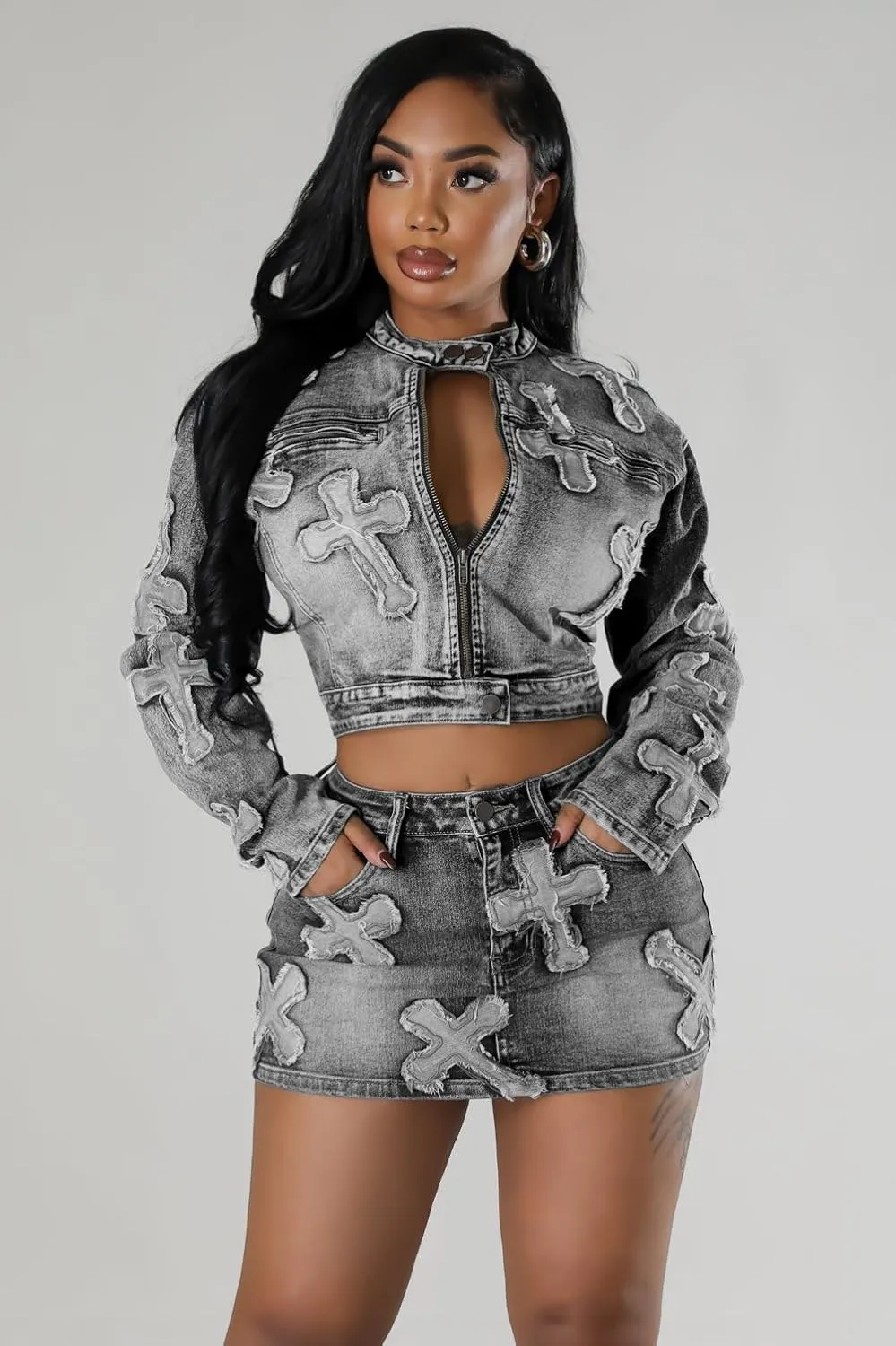 Vssjavun Women 2 Piece Denim Outfit Sexy Long Sleeve Zip Up Jean Jacket Bodycon Mini Skirt Sets