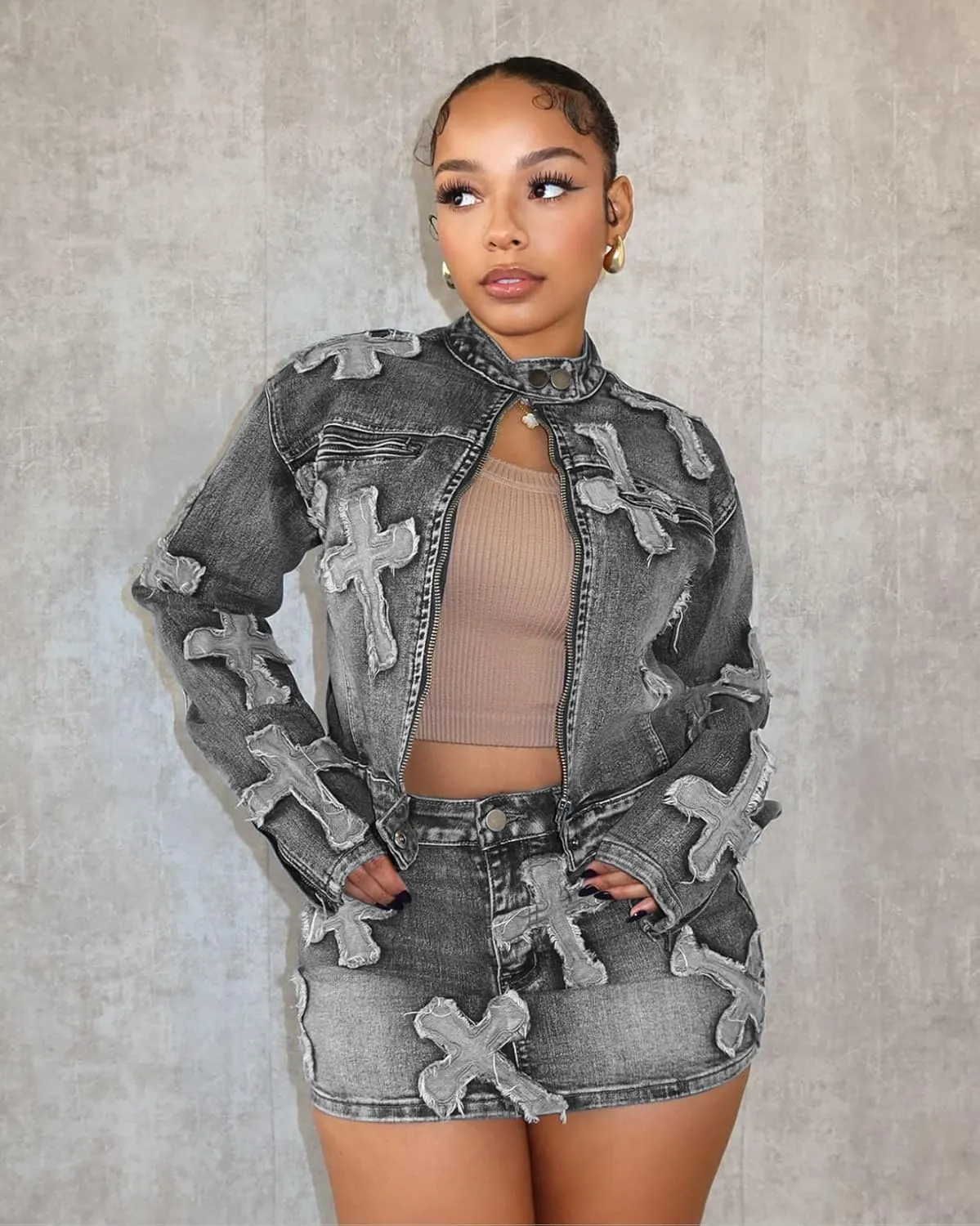 Vssjavun Women 2 Piece Denim Outfit Sexy Long Sleeve Zip Up Jean Jacket Bodycon Mini Skirt Sets